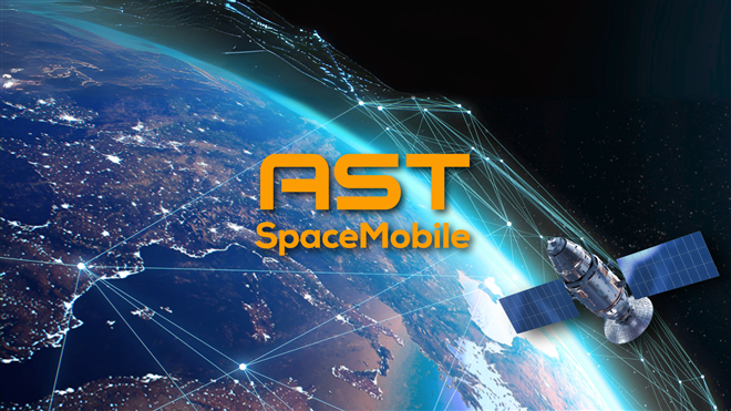 Satellite orbiting earth, with AST SpaceMobile logo in the foreground. 