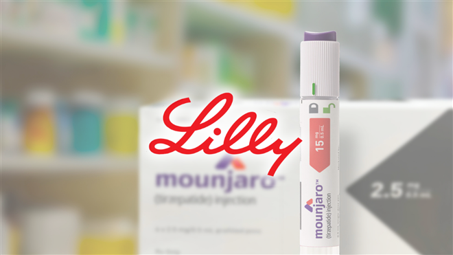 Lilly logo positioned in front of Lilly's weight loss drug, mounjaro.