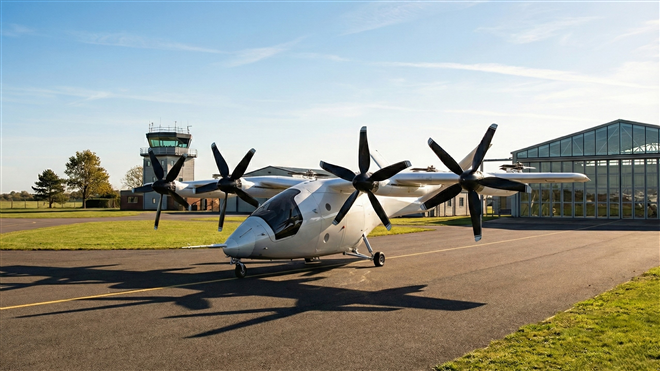 Futuristic white aircraft with multiple propellers on airfield.
