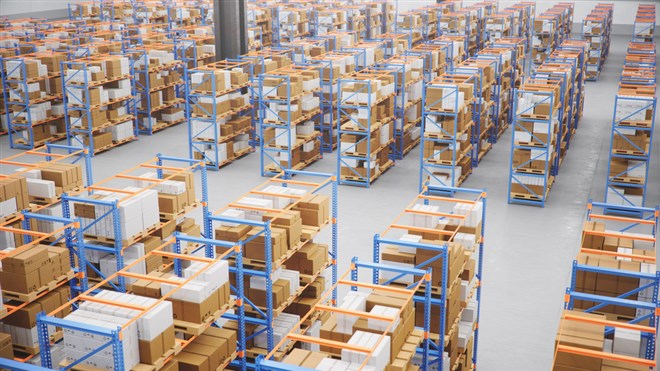 High vantage point view of an orderly warehouse.