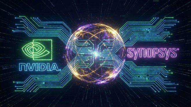 NVIDIA and Synopsys logos connected by a digital chip network.