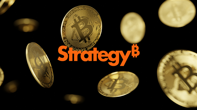 Gold Bitcoin tokens float around the Strategy logo, underscoring its renewed push to buy more digital assets.