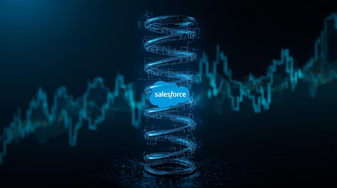 Salesforce logo framed by a digital spiral over rising stock chart signals momentum from accelerating AI-driven growth.