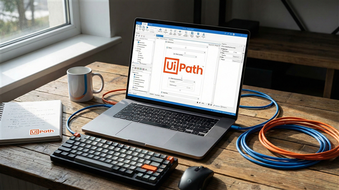UiPath interface displayed on a laptop amid cables and workflow notes highlights growing demand for automation software.