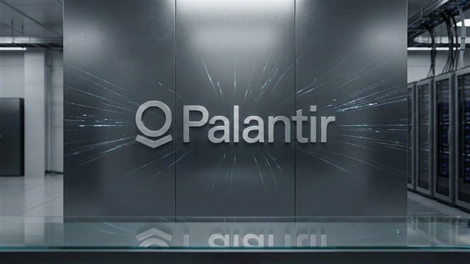 Palantir logo positioned prominently with data center infrastructure in the background. 