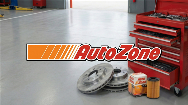 AutoZone logo over a workshop scene with brake rotors, boxed filters, an oil filter.