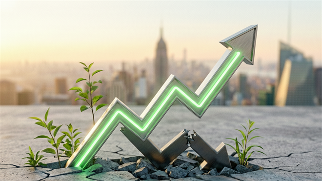 Green arrow shoots up against city skyline, symbolizing rebound potential for certain undervalued stocks.