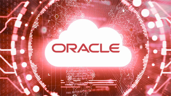 Oracle cloud logo on a red, futuristic digital background representing cloud and data infrastructure.