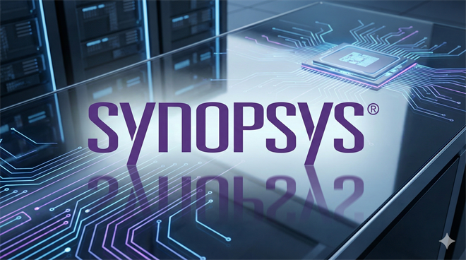 A glass-top table displaying a glowing microchip circuit pattern with the Synopsys logo centered, set against a background of server racks.
