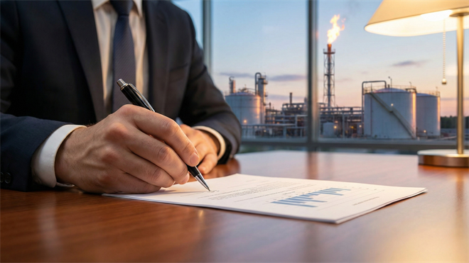 Executive signing documents, symbolizing insider buying in the natural gas industry.