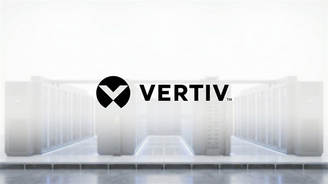 Modern, well-lit data center facility, representing Vertiv's core business in critical data center infrastructure.