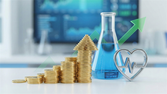 Stacks of gold coins forming an upward arrow beside a lab beaker and heart-rate icon.