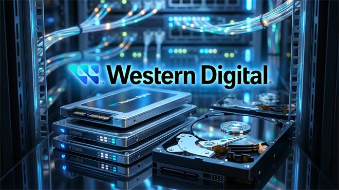 Western Digital SSDs and hard drives displayed in a data center, highlighting advanced storage technology.
