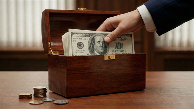 Business man places bills in a chest, symbolizing firms adding funds to their buyback authorization.