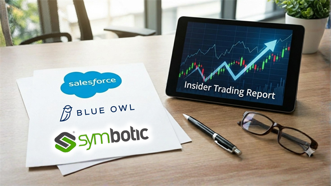 Tablet shows stock chart beside Salesforce, Symbotic and Blue Owl logos highlighting December insider buying and selling.