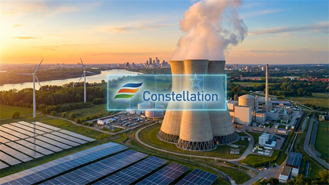 Constellation Energy logo over a landscape featuring solar panels, wind turbines, and a nuclear power plant at sunrise.