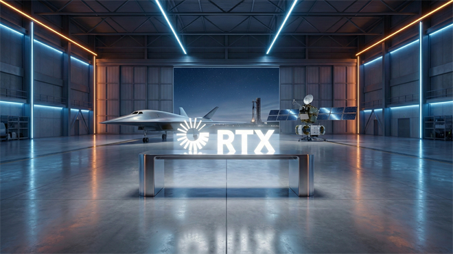Futuristic hangar with an advanced aircraft, satellite equipment, and a glowing RTX logo.