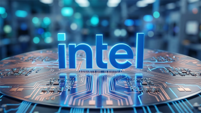 Intel logo glowing above a detailed microchip surface in a high-tech semiconductor lab.