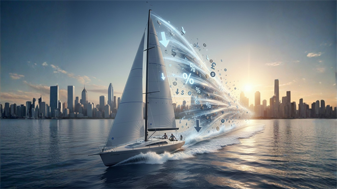 Wind propels a sailboat forward, symbolizing the tailwinds created by Fed interest rate cuts. 