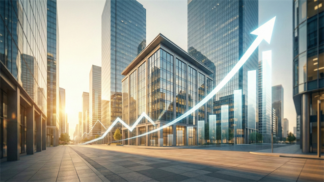 Depiction of the banking district in a large city, with an arrow symbolizing bullish momentum.