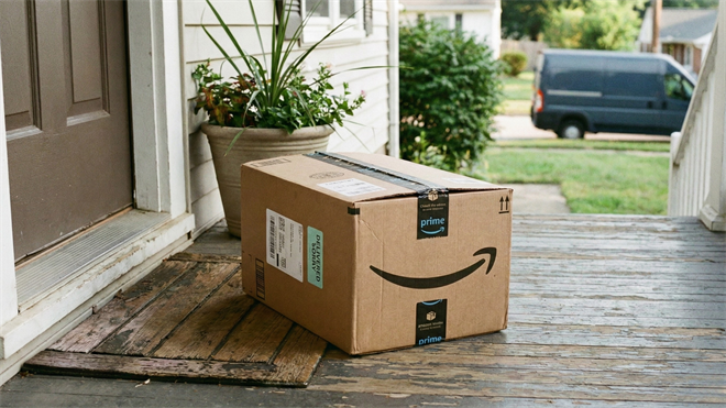 Amazon package sits on a doorstep after having been delivered a moment ago.