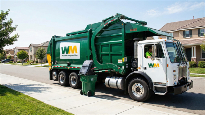 Waste Management truck parked in a residential neighborhood, signifying the company's dominant performance in its sector.