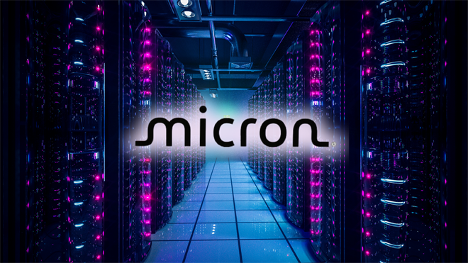 Micron logo glows over a neon-lit data center corridor, highlighting the company’s role in high-bandwidth memory.