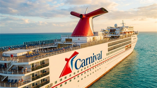 Carnival cruise ship sails at sunset over calm blue water, highlighting travel demand.