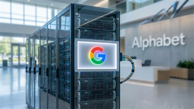Google server rack with a glowing G logo stands inside Alphabet’s lobby, emphasizing the company’s AI infrastructure.