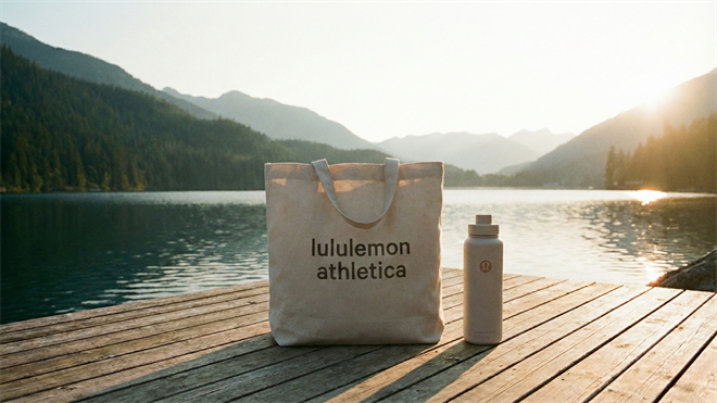 lululemon accessories arranged tastefully in front of a mountain view.
