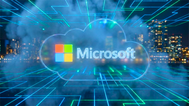 Microsoft cloud logo glows amid a digital grid over a cityscape, underscoring the company’s expanding AI momentum.