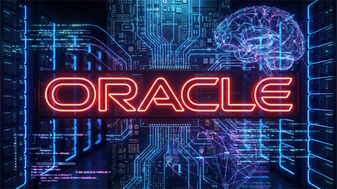 Oracle logo highlighted in front a background representative of the AI industry.