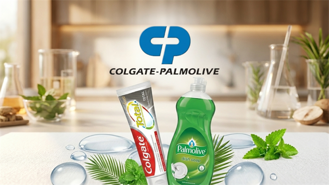 Colgate-Palmolive toothpaste and dish soap are displayed with fresh botanicals highlighting consumer staples strength.
