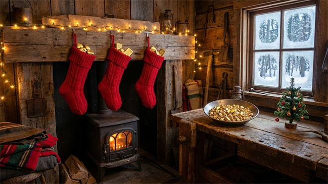 Cozy cabin scene shows three red stockings filled with gold by a glowing wood stove, symbolizing rising gold demand.