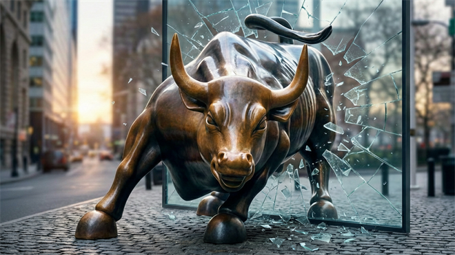 Charging bull smashing glass symbolizes bullish S&P 500 earnings momentum led by tech, financials and AI-driven growth.