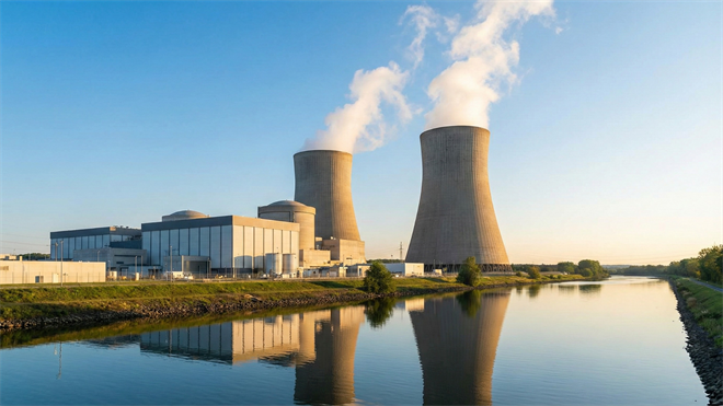 Modern nuclear plant against a bright blue sky.