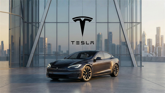 Tesla vehicle parked infront of a sleek depiction of a company building.
