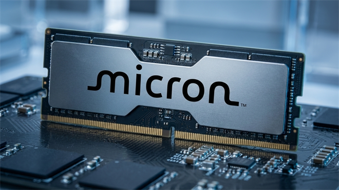 Close-up of a Micron-branded memory module installed on a circuit board, representing the semiconductor memory industry and AI-driven demand growth.