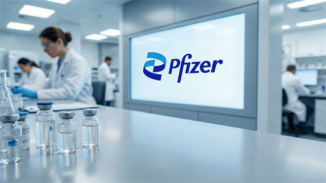 Pfizer research laboratory with branded display and vaccine vials, illustrating a major pharmaceutical company rebuilding value and pipeline strength.