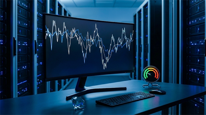 Server-room workstation with a volatility chart and a risk gauge highlights market turbulence and investor sentiment.