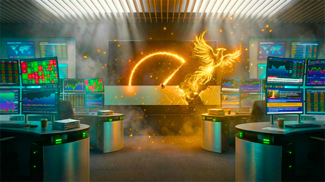 Phoenix-shaped burst of light erupts on a trading floor amid market screens, symbolizing a stock market rebound.