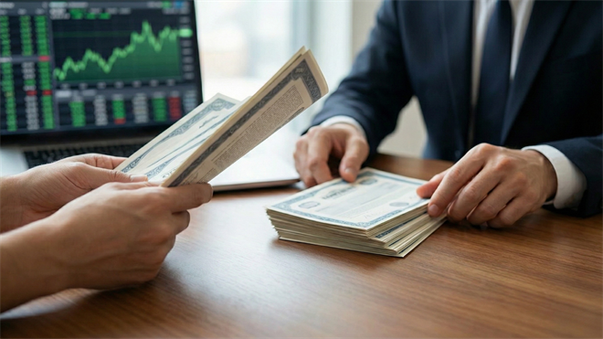Business executives exchange stacks of cash at a desk with a rising stock chart in the background, symbolizing corporate share buybacks and capital returns.