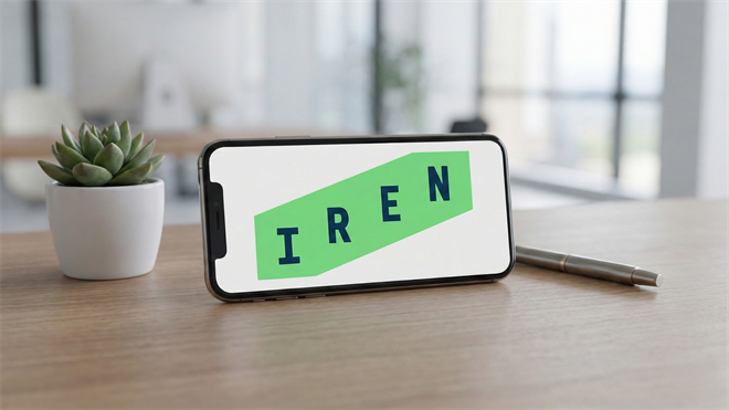 Iren logo displayed on a smart phone in a clean, modern office.