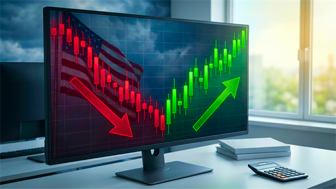 Market chart on a monitor shows a U.S. stock downturn turning into a rally, signaling improving economic outlook.