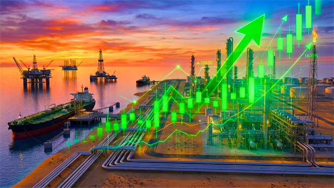 Rising price chart overlays oil rigs and a refinery, highlighting strong momentum in energy stocks.