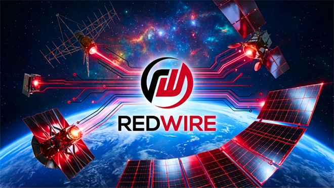 Redwire logo surrounded by satellites over Earth highlights space infrastructure growth and rising defense demand.
