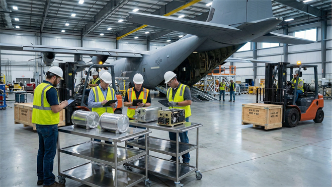 Defense workers inspect avionics systems at a military aircraft plant as missile demand lifts RTX, LHX and EMBJ chains.