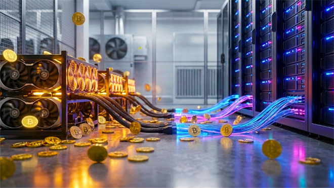 Cryptocurrency mining rigs and servers process Bitcoin transactions, highlighting rising crypto infrastructure costs.