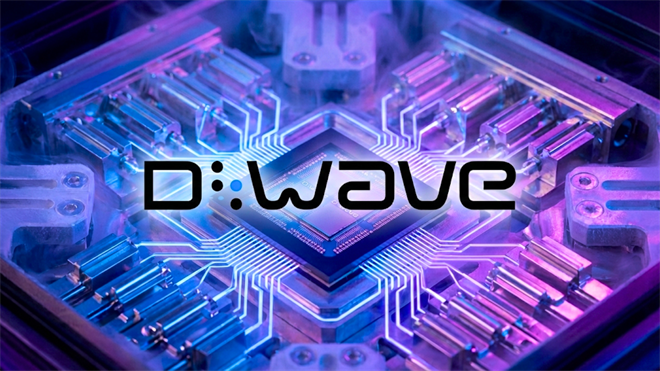 D-Wave logo on quantum computing chip highlights advances in quantum technology.