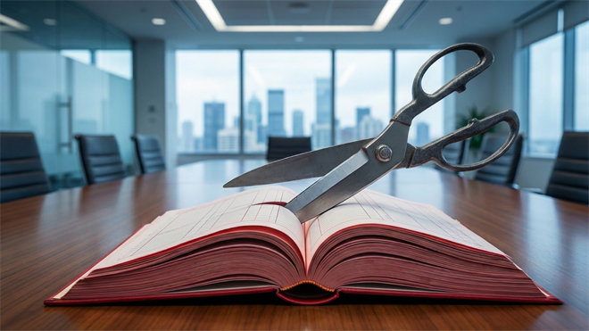 Scissors inserted into a financial ledger, symbolizing cost-cutting at a corporate level.